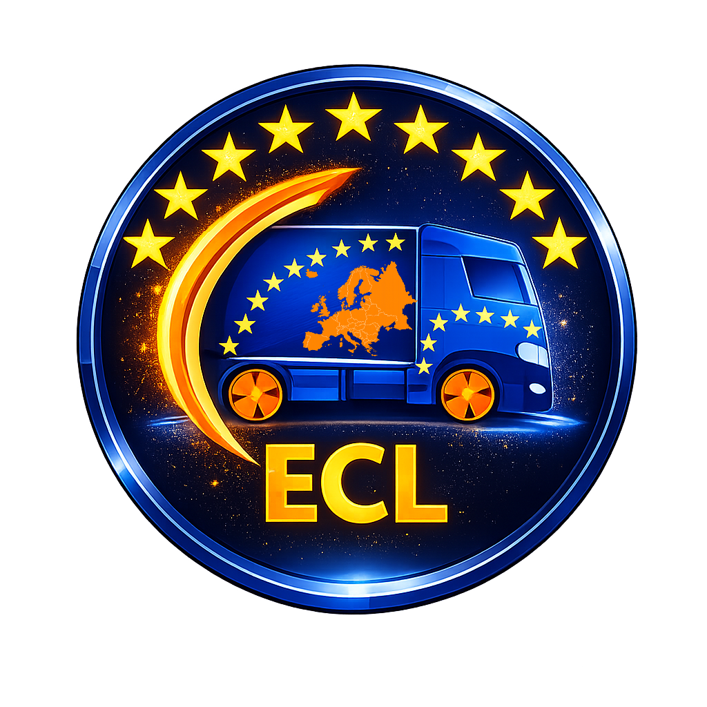 ECL-Logo mit blauem LKW, Europakarte und goldenen Sternen